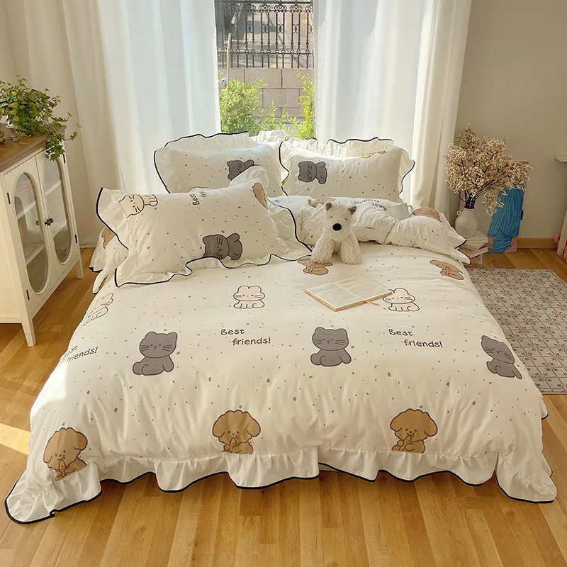 

Girl Style Printed Bedding Set with Lace Washed Cotton Contrasting Korean Comforter Sets Non Pilling Bed Linens for Summer