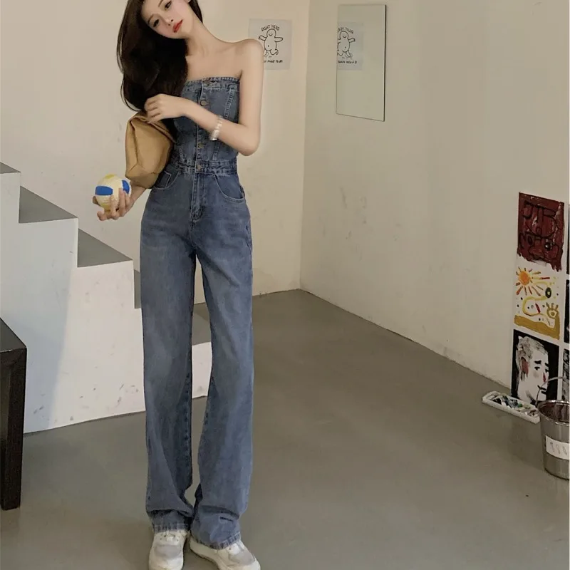 Seksowny kombinezon dżinsowy na ramiączkach damski, luźny, długie spodnie, wysoki stan, proste nogawki, cienka wersja, styl koreański, do pracy.