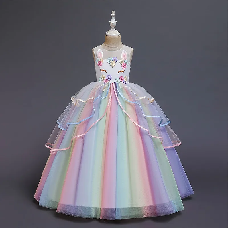 Summer New European and American Children's Dress Girl's party Dress Unicorn Mesh Rainbow Fluffy Princess Dress