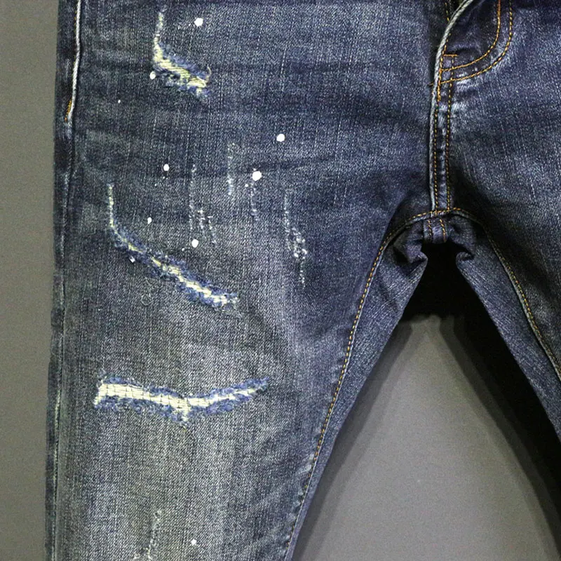 Calça lápis retrô lavada masculina, azul profundo, elástica, apertada, jeans de grife para adolescentes, jeans de alta qualidade, moda de rua