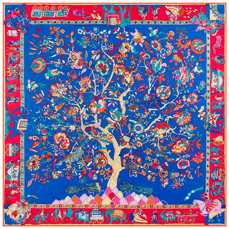 130*130cm Twill Silk Scarf Luxury Animal Elepha Life Tree Print Women Shawls Stoles Square Bandana Kerchief Hijab Female Foulard