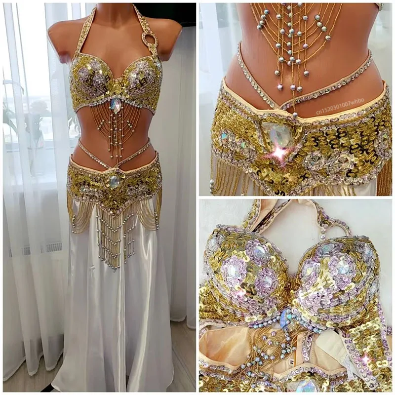 

Hot Selling Women Sexy Belly Dance Beaded Top Bra and Belt Belly Dance 2pcs Set Female Bollywood Dance Sequins Bra 8 Colors