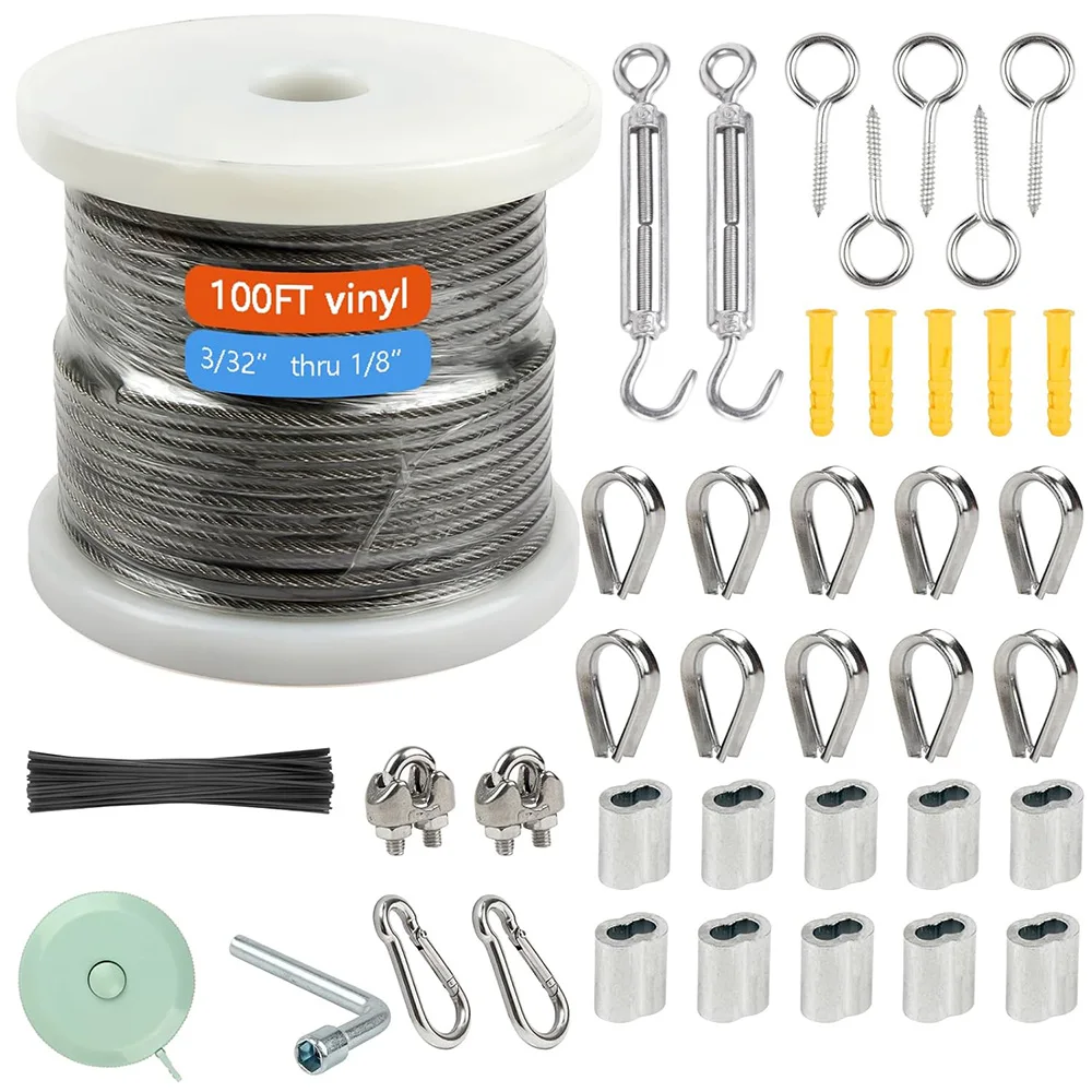 100FT 1/8'' Garden Wire Turnbuckle Tensioner Kit Vinyl Coated 3mm  304 Stainless Steel Cable Wire For Garden