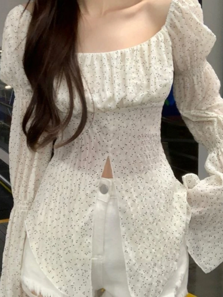 

Chic Print Vintage Blouse Women's Clothing Flare Sleeve Korean Split Tops 2025 Camisas De Mujer Slash Neck Pleated Fashion Shirt