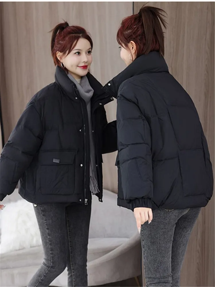 2024 Winter New Fashion Cotton-padded Jacket Korean Loose Stand Collar Thicken Warm Parkas Coat Women Clothes Black Outerwears