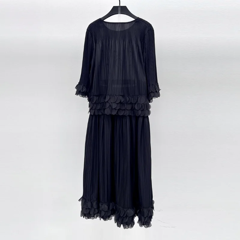 Pleated Beaded 3D Petals Seven Quarter Sleeve Top Elastic Waist Overskirt Women's Suit Fashion Black Luxury Sweet Two-piece Suit