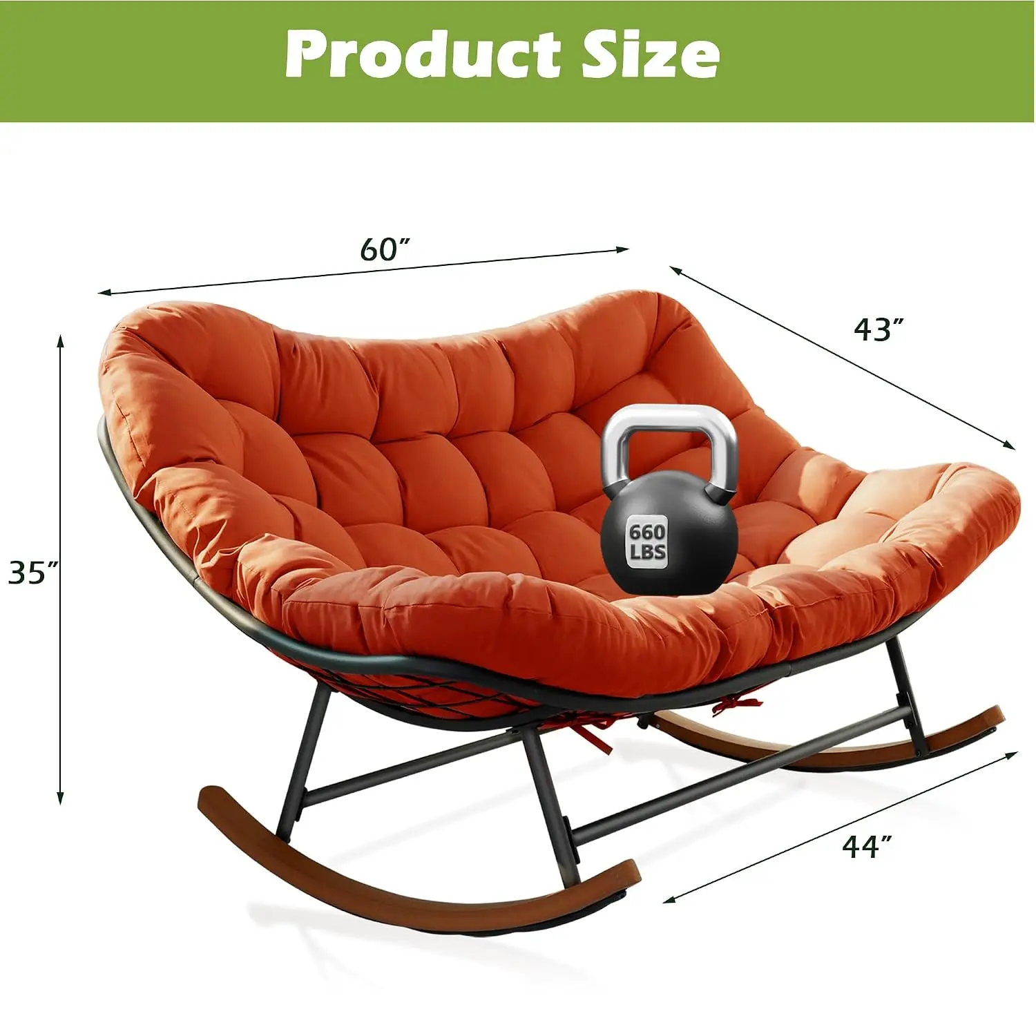 Double Papasan Rocking Chair Outdoor & Indoor, 660LBS Capacity Oversized Patio Rocking Chair for 2-Person with Thick Cushion