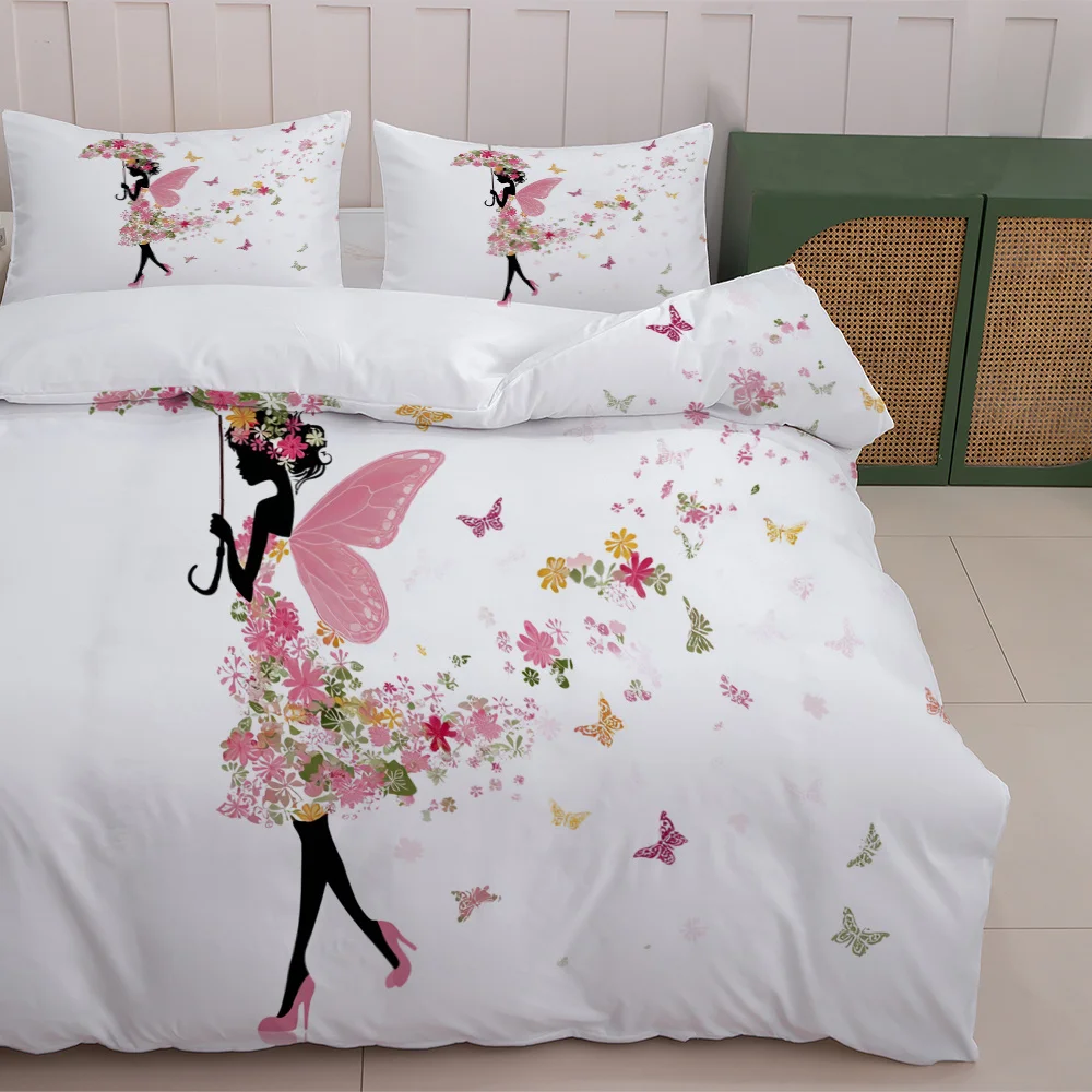 The Latest Printed Quilt Cover Set, 3-Piece Set, 1 Quilt Cover + 2 Pillowcases (Without Filling) 2D Flat Floral Umbrella and Butterfly Fairy Quilt Cover Set, Suitable for All Seasons, Machine Washable, Invisible Zipper, Large Quilt Cover Set, Bedding Set Quilt Cover