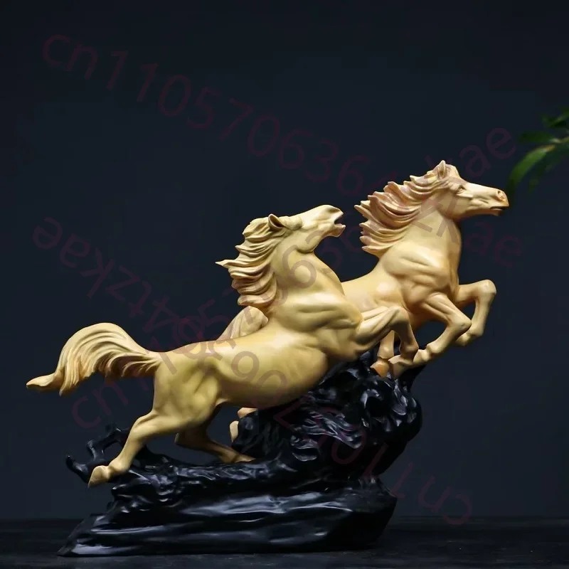 Hand Carved Wooden Running Horses Sculpture Statue Figurine Pair Dynamic Animal Ornament for Home Office Desk Decor Gift Collect