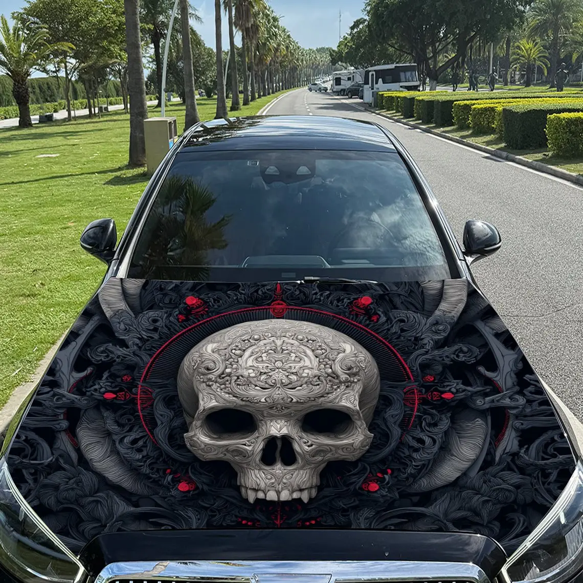 

Dark Patterned Skull Image Car Vinyl Wrap, PVC Material Waterproof Car Hood Sticker, Self-Adhesive Scratch-Resistant Stickers fo