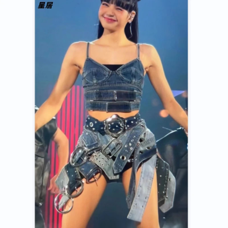 Kpop Korean Singer Concert Irregular Belt Denim Skirt Women Jazz Dance Costume Stage Outfit Nightclub Girl Stage Dance Clothing