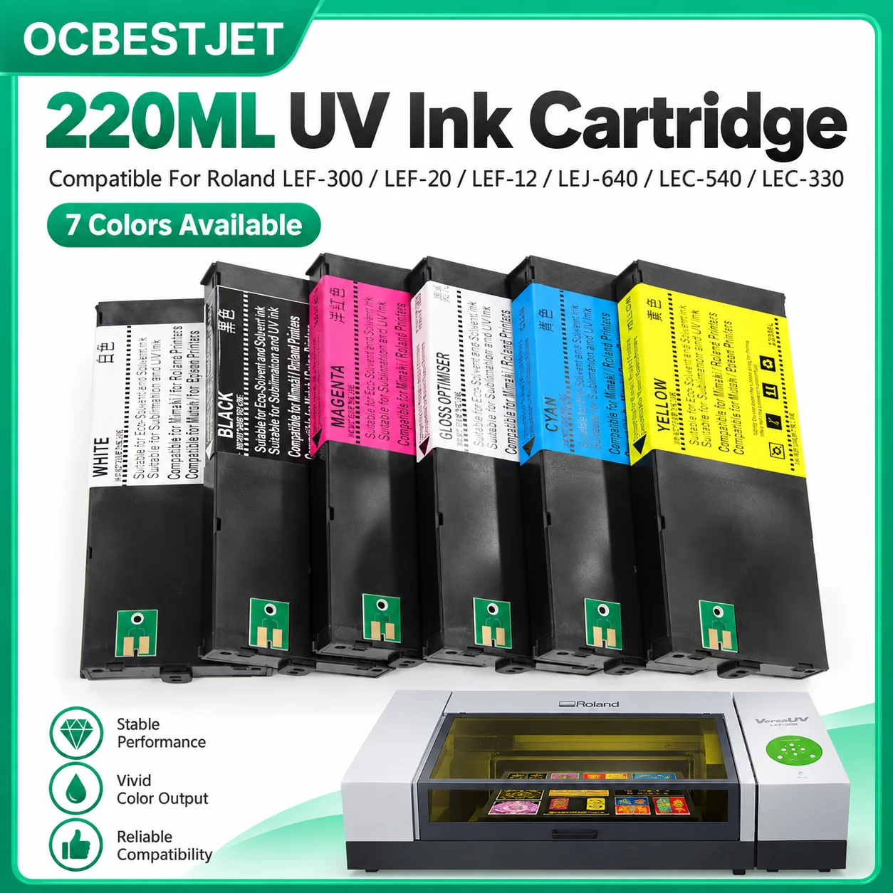 ECO UV Ink Cartridge Full With 220ML UV Ink For Roland LEF-300 LEF-20 LEF-12 LEJ-640 LEC-540 LEC-330 (7 Colors Are Available)