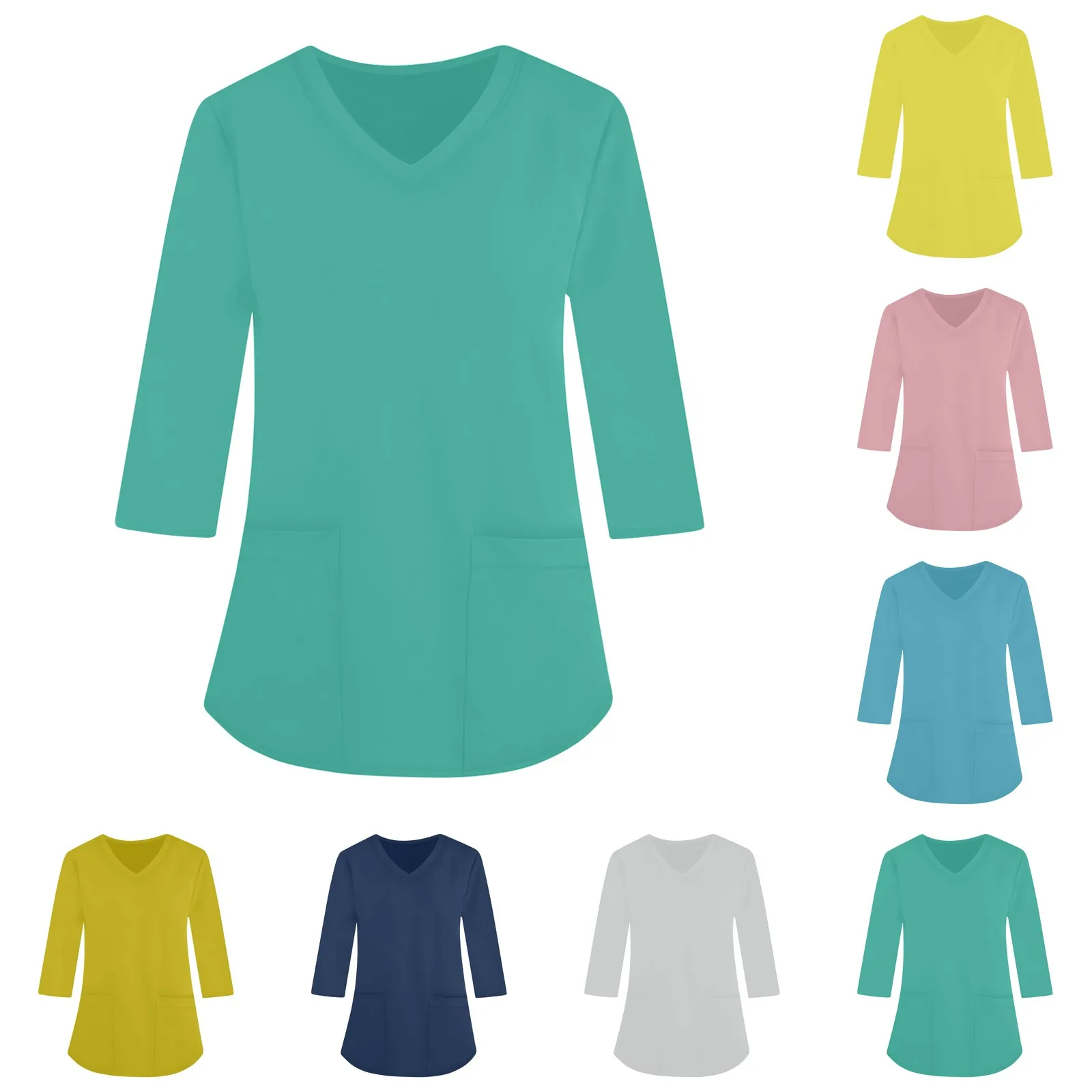 Uniforme de enfermeira solto com decote em v feminino com bolsos, cor sólida, uniforme de enfermagem de três quartos de manga curta casual de manga curta