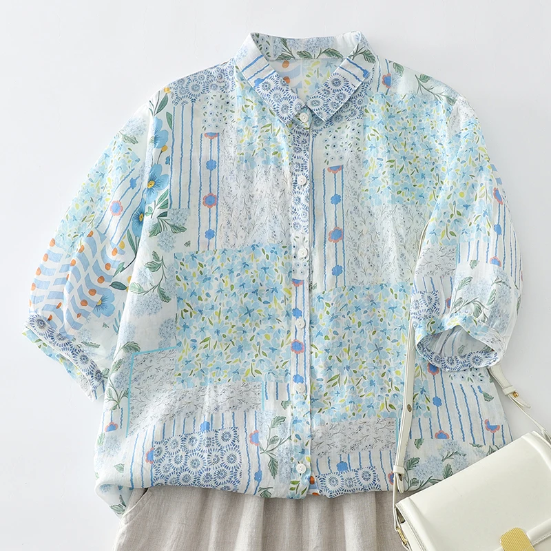 

Summer 2026 Women's Loose Fit Cotton Linen Print Short Sleeve Shirt Ethnic Style Top Comfortable Lazy Fashion Outerwear