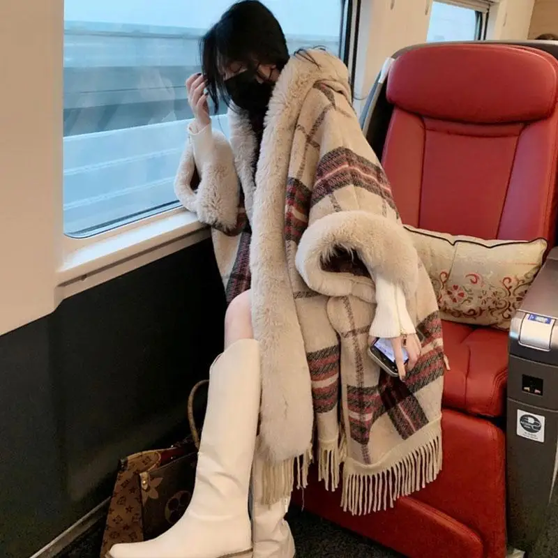 

Plus size autumn and winter hooded outerwear plush coat with a big collar hooded plaid thickened high-grade overcoat jacket for