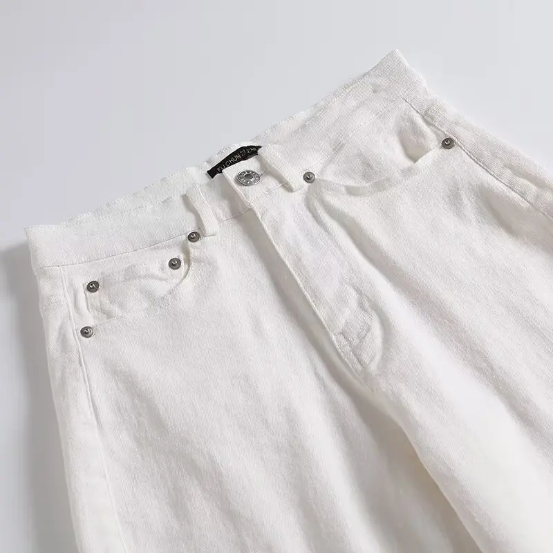 Afslankende witte jeans met hoge taille, retro Amerikaanse stijl, rechte broek met wijde pijpen voor lente en zomer