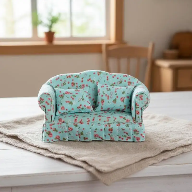 1: 12 Toy House Furniture Double Seating Sofa with Pillow Set Simulated Mini Living Room Children Pretend to Play Toy House