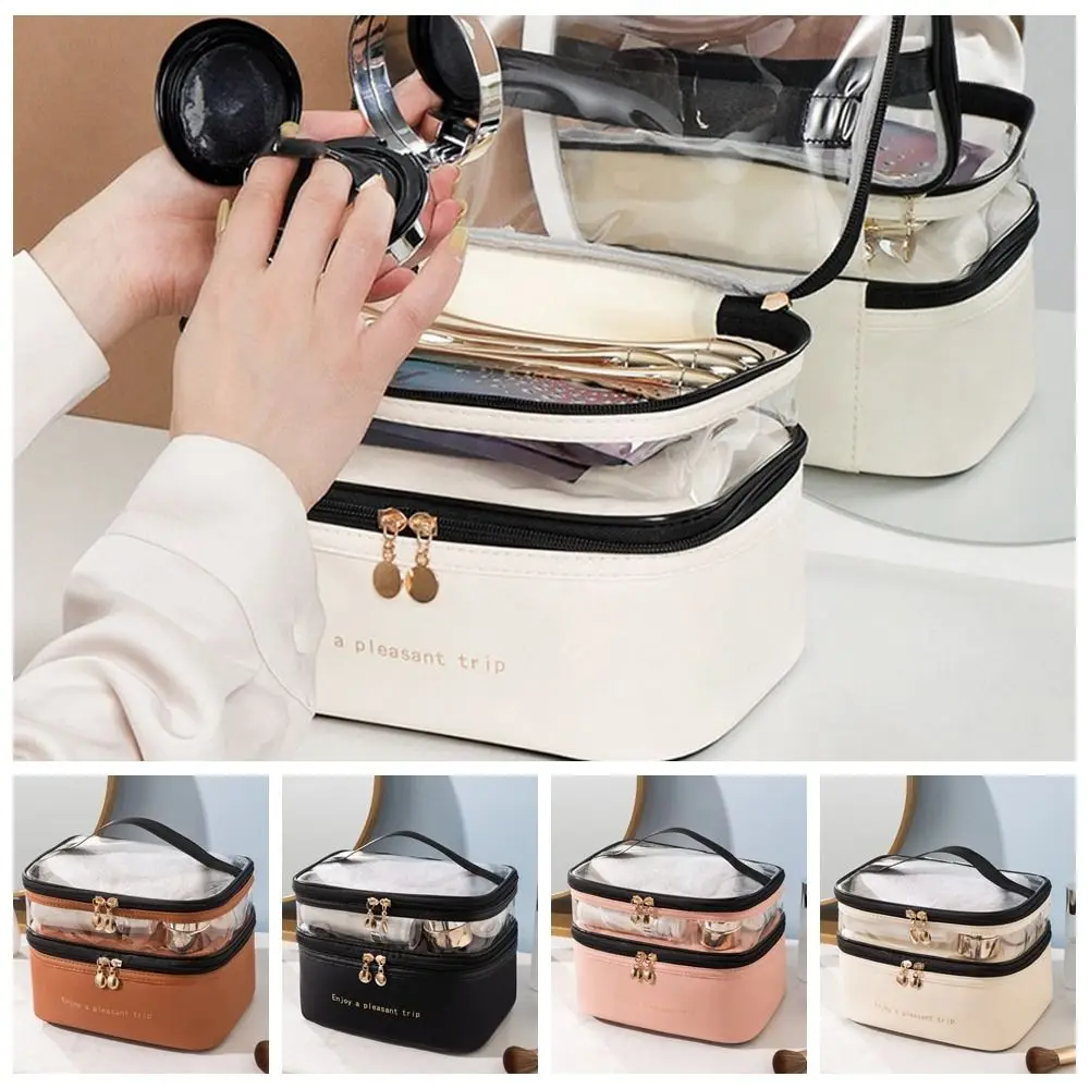 

Waterproof Transparent Cosmetic Box PU Double Layers Travel Toiletries Storage Bag Toiletries Organizer Makeup Bag