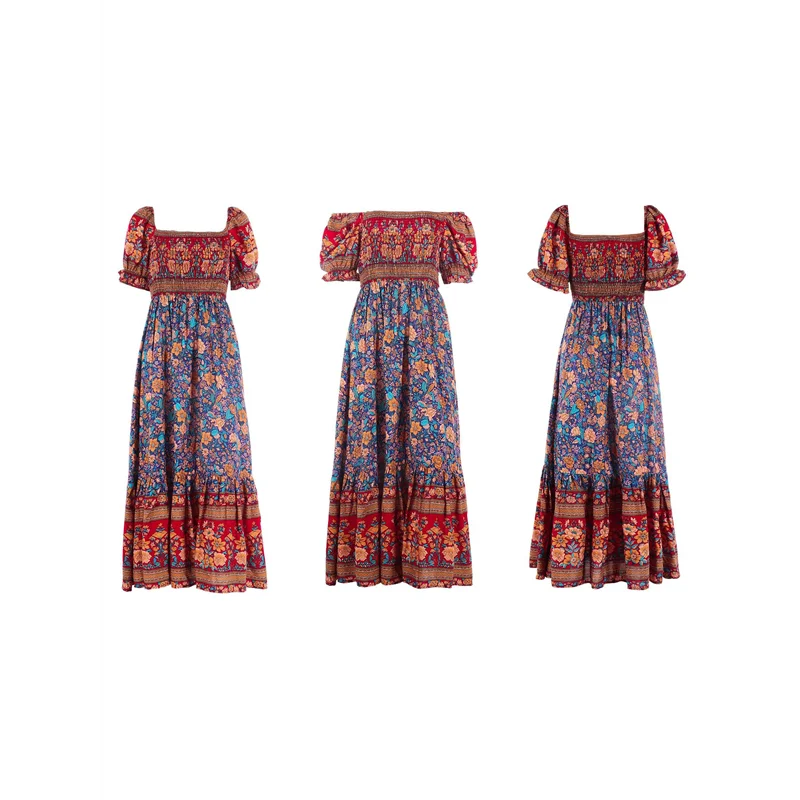 ABRT - Damska Sukienka Maxi na Lato 2025, Odkryte Ramiona, Boho, Kwiatowy Wzór, Warstwowa, Codzienna, Zwiewna, Długa