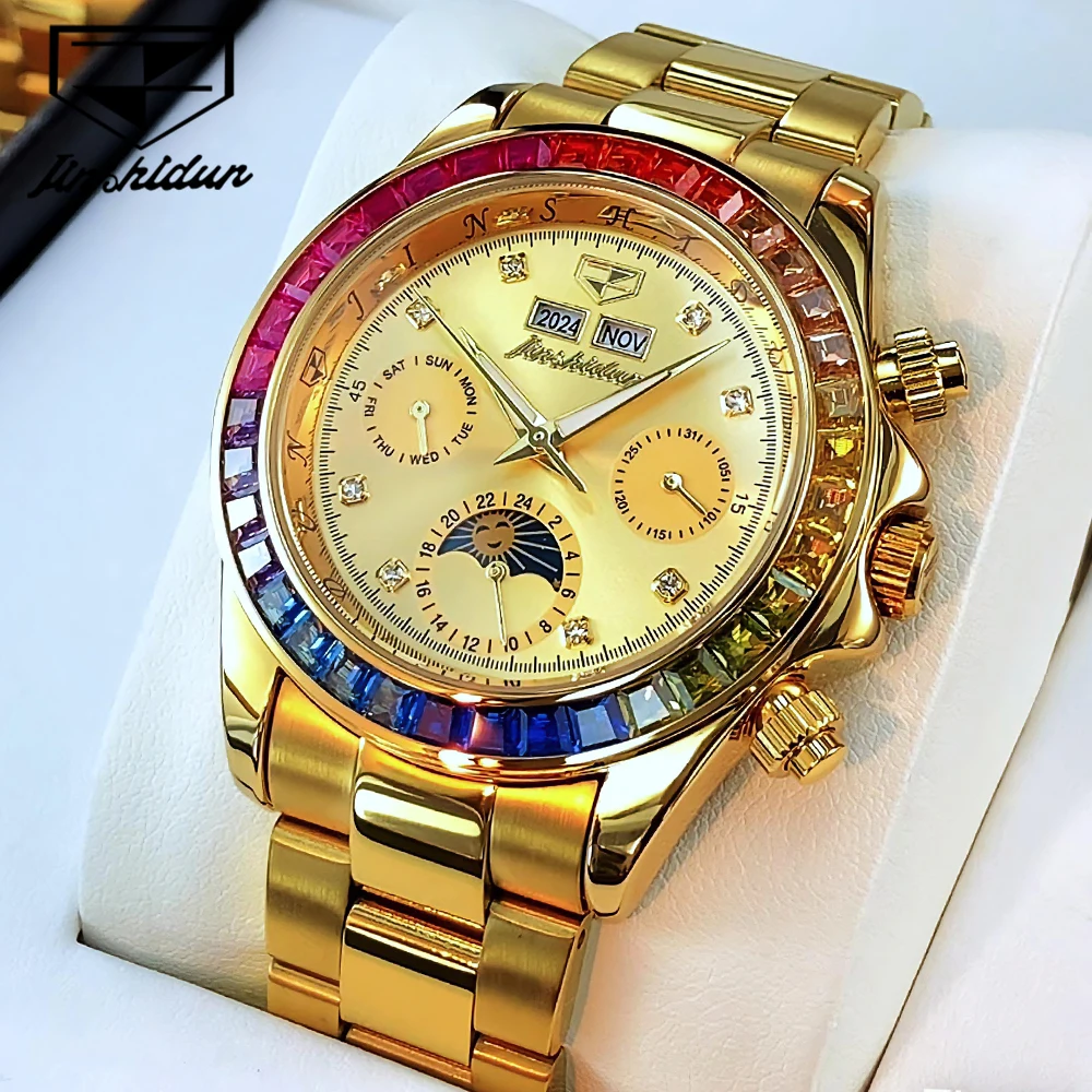 

JSDUN Top Brand Men's Watches Fine Steel Strap Colored Zircon Bezel Original Automatic Mechanical Wristwatch Moon Phase Calendar