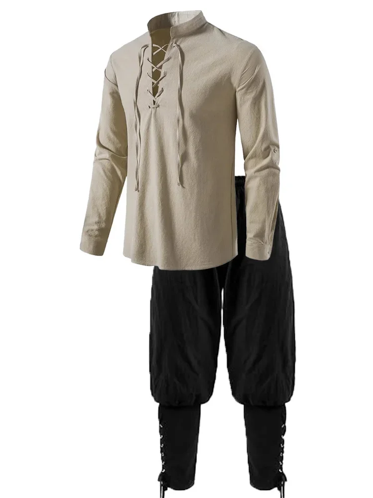 2 pezzi costume da cavaliere medievale da uomo set rinascimentale cosplay camicie da pirata pantaloni con fascia alla caviglia per Halloween tessuto