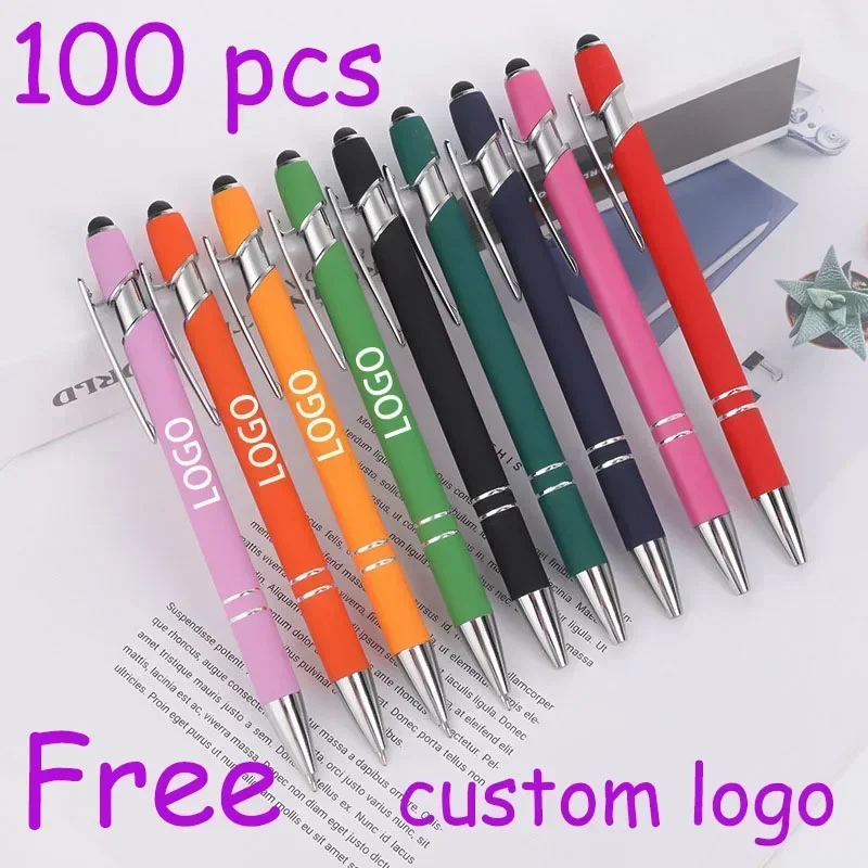 100 Pcs/lot Metal Personalized Pens Custom Logo Engrave Name Ballpoint Pen with Stylus Tip Black Ink