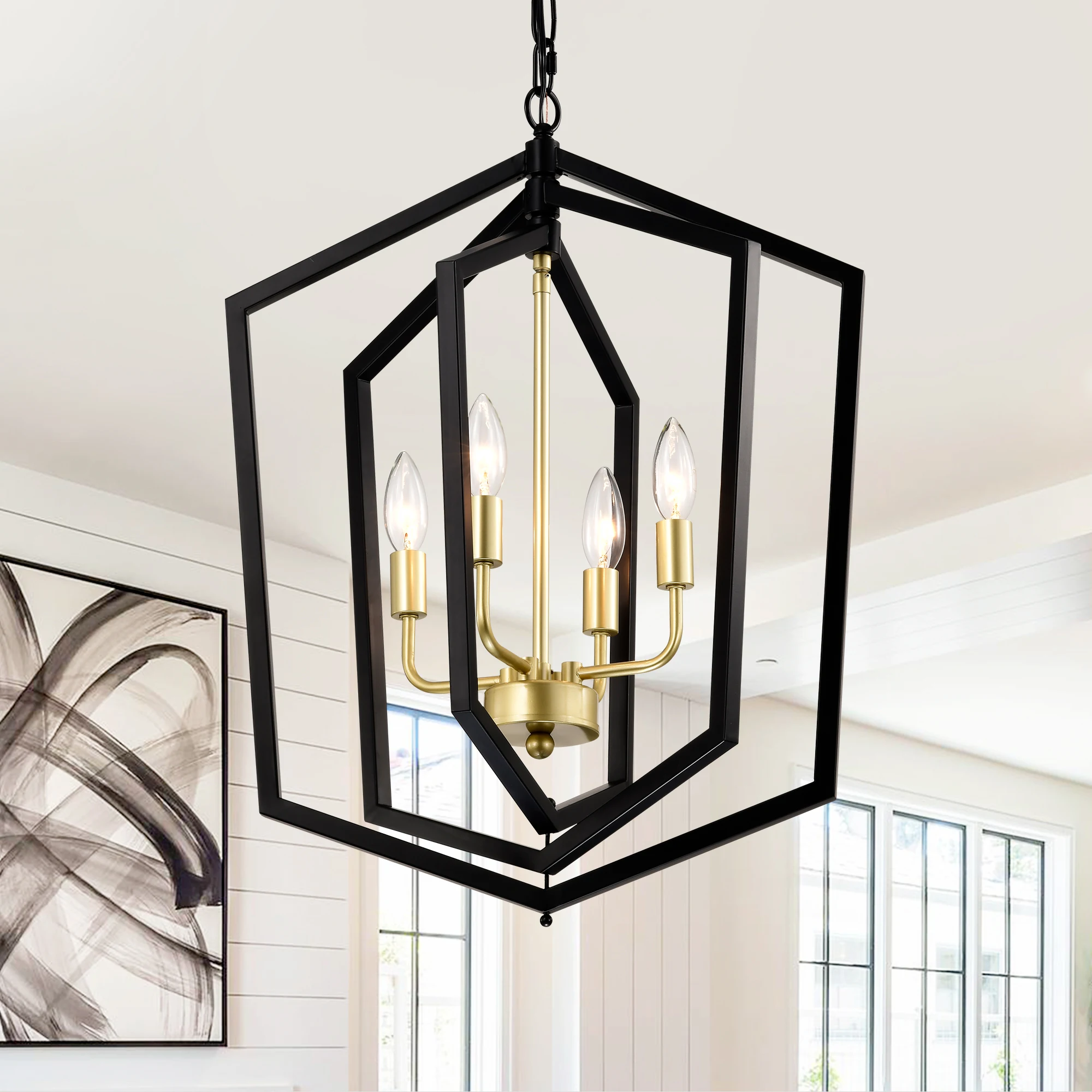 

18.11" Matte Black + Gold Chandelier for Dining Room, 4-Light Kitchen Chandelier Light Fixture Modern Metal Industrial Chandelie