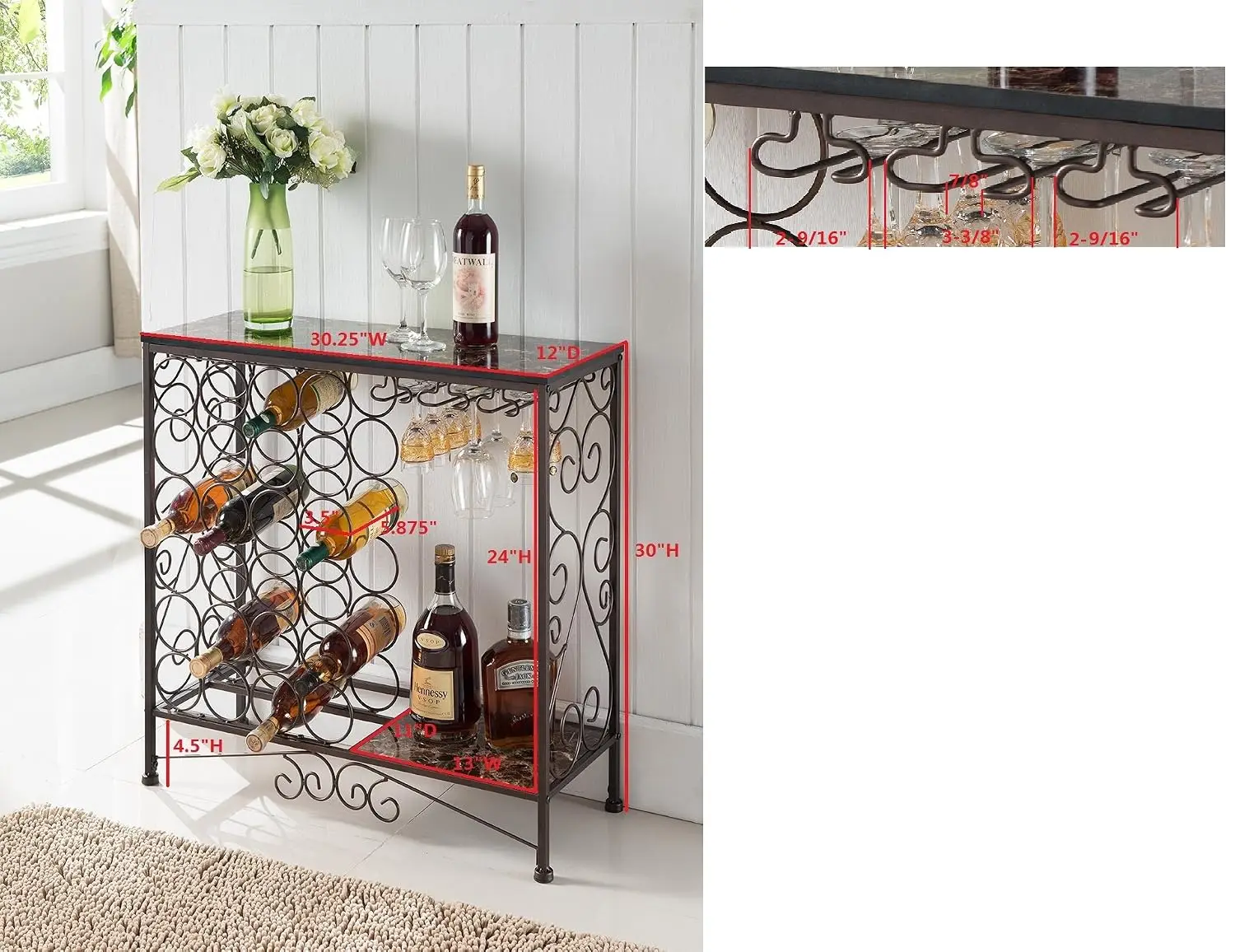 Freestanding Wine Rack Bar Cabinet with Glass Holder & Storage, Holds 24 Bottles, Customized