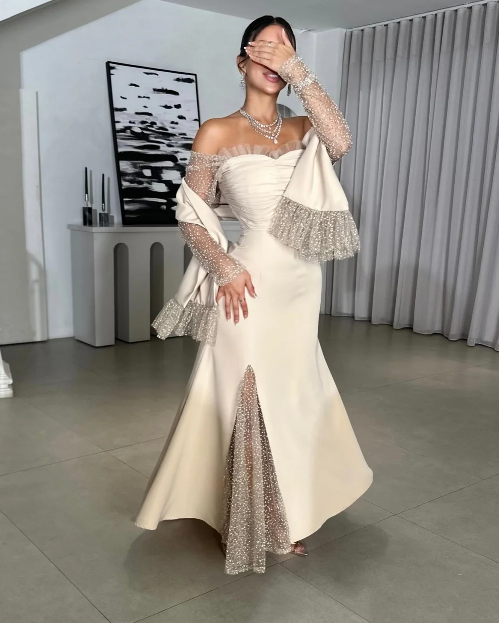 

Customized High Quality Exquisite Jersey Sequined Ruched Mermaid Strapless Ankle Length Dresses Bespoke Occasion Dresses Fashion