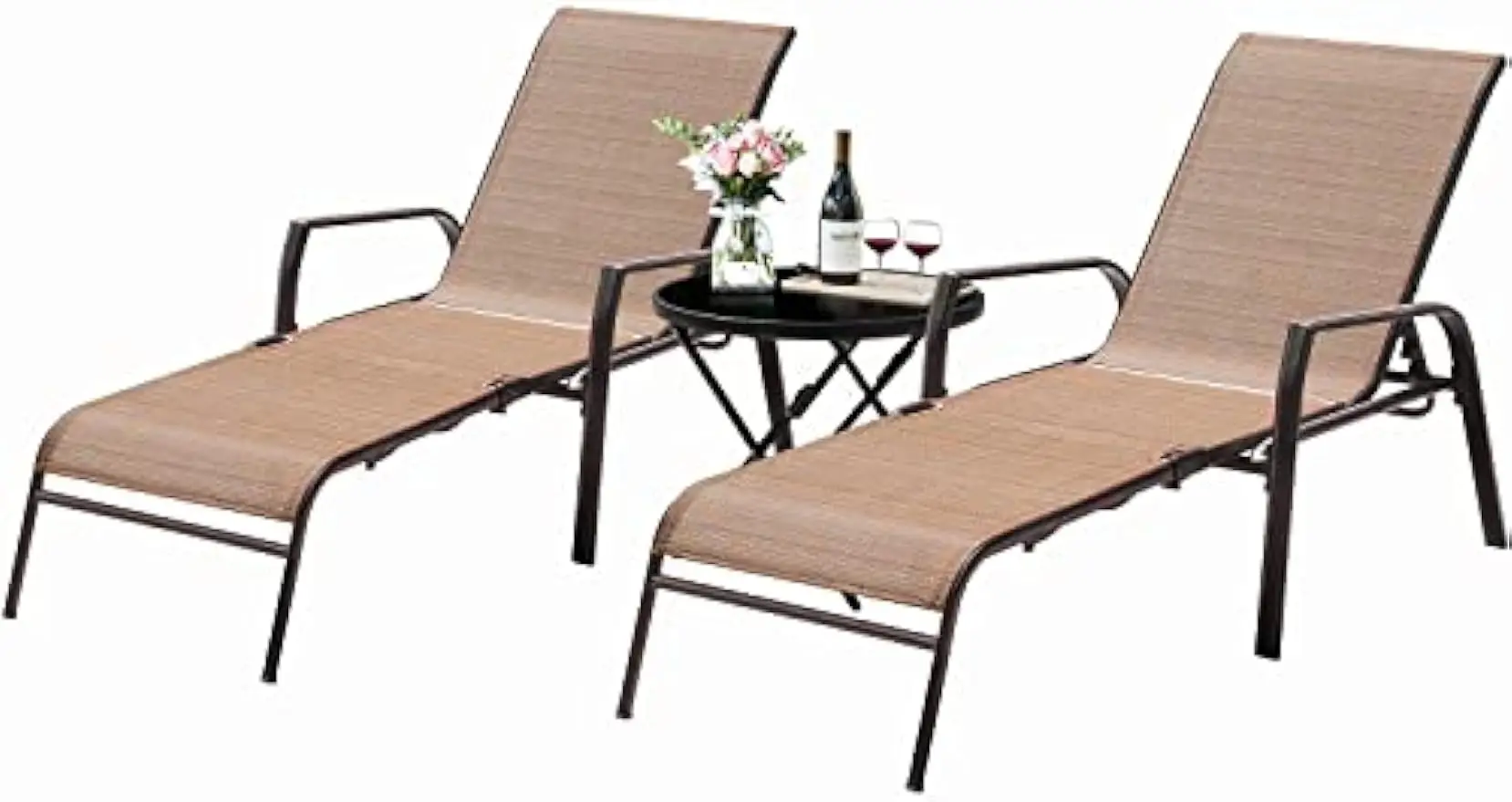 Adjustable Patio Chaise Lounge Set 3 Pcs Textiline Outdoor Foldable Metal Reclining Chairs with Sturdy Glass Top Bistro Table