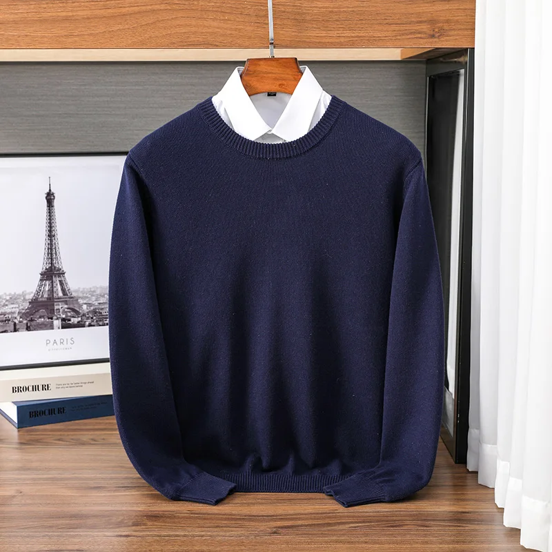 New 100% Pure Cotton Sweater Men\'s Autumn Winter O-Neck Pullover Business Casual Base Shirt Knit High-Grade Warm Male Jumper