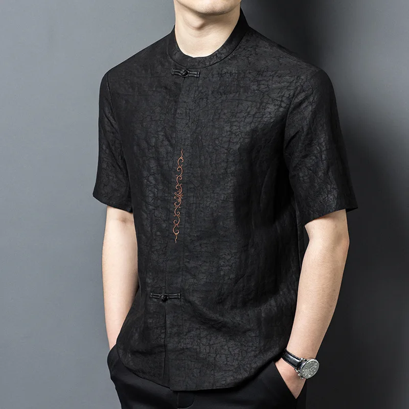 

High Quality Real Silk Summer Xiangyun Yarn Crack New Chinese Suit Middle-Aged Leisure Loose Short Sleeve