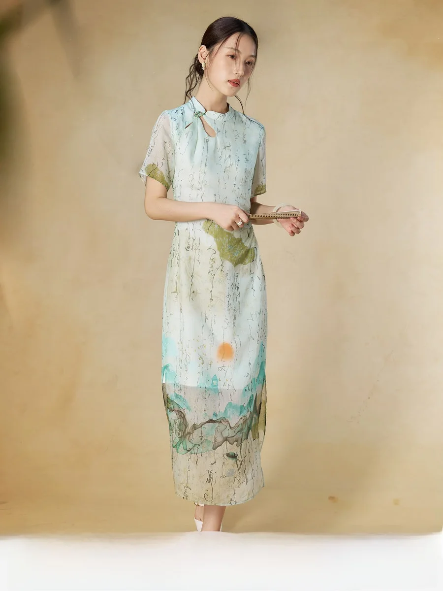 New Chinese Sle ort Sve Silk Print Waist-Cinching Comfortable Long Dr Summer Soft Lycra Polyester Blend X-aped Si...