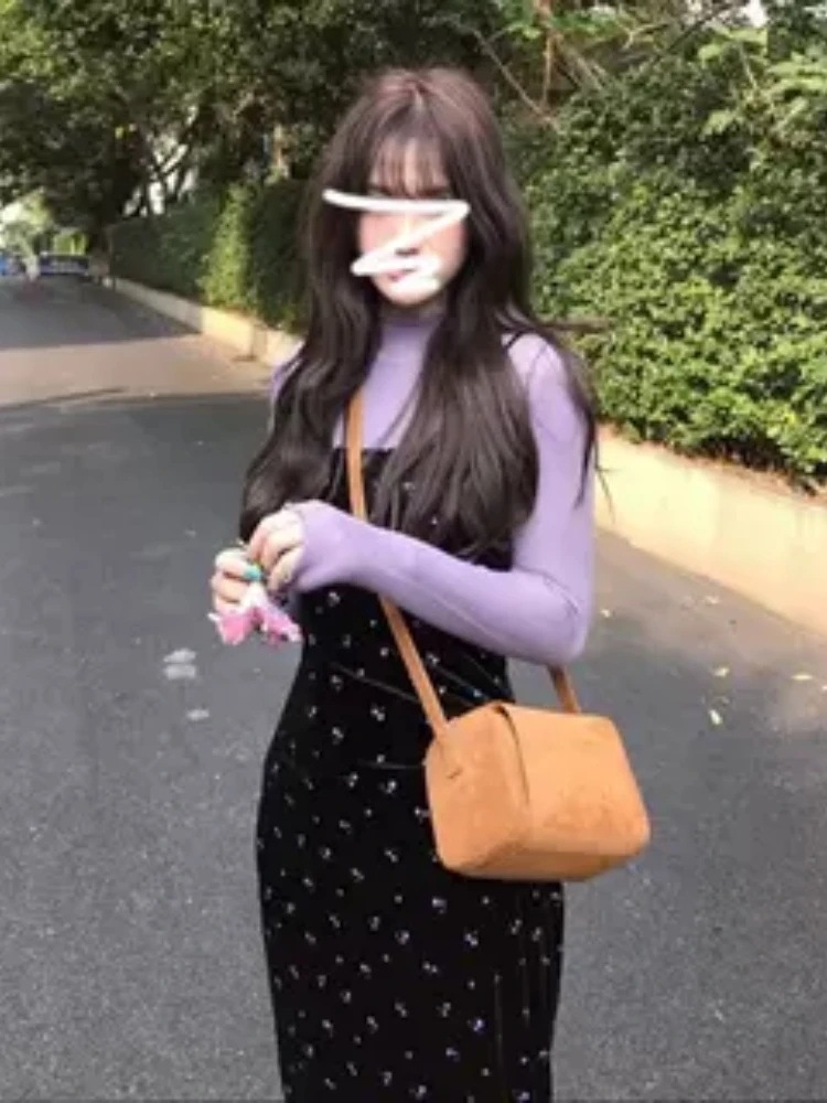 Early Spring Fashion Purple High Collar Base Layer Shirt Floral Dress Long Dress Two Piece Set Women's Casual Wear Elastic