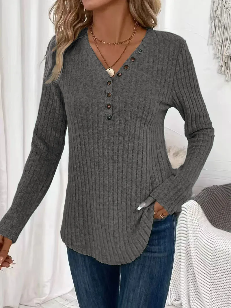 2025, grenzüberschreitendes europäisches und amerikanisches Damen-Strickhemd in reiner Farbe, lässig, langärmelig