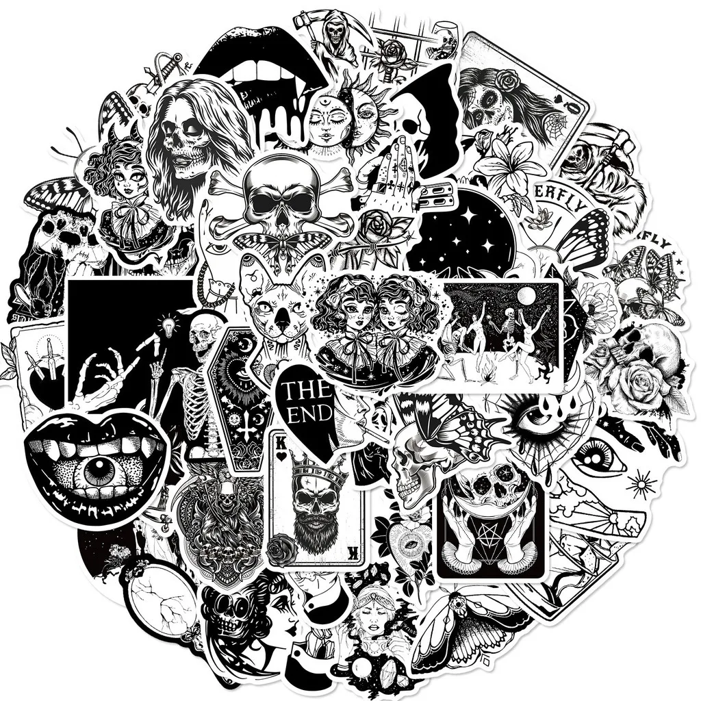 50Pcs Gothic Series Stickers, Black‑White Witch Magic Themed Decals, Waterproof DIY Ornaments Golden Memory Stickers Store