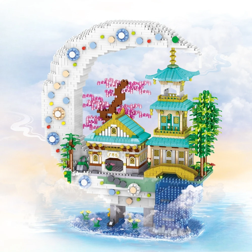 

MOC древнее небо, лесные озеры, дворец, набор блоков, водопад, лунный замок, кирпичи, орнамент, игрушка «сделай сам» для детей, подарки на день рождения и праздник