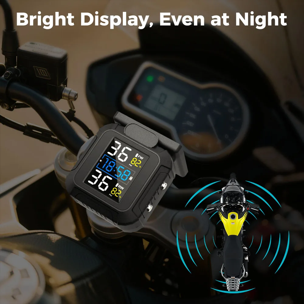 MT20 With Clock Motorcycle TPMS 2 Tyre Sensors Tire Pressure Monitoring System USB Solar Power Temperature Tester Alarm Digital image 4