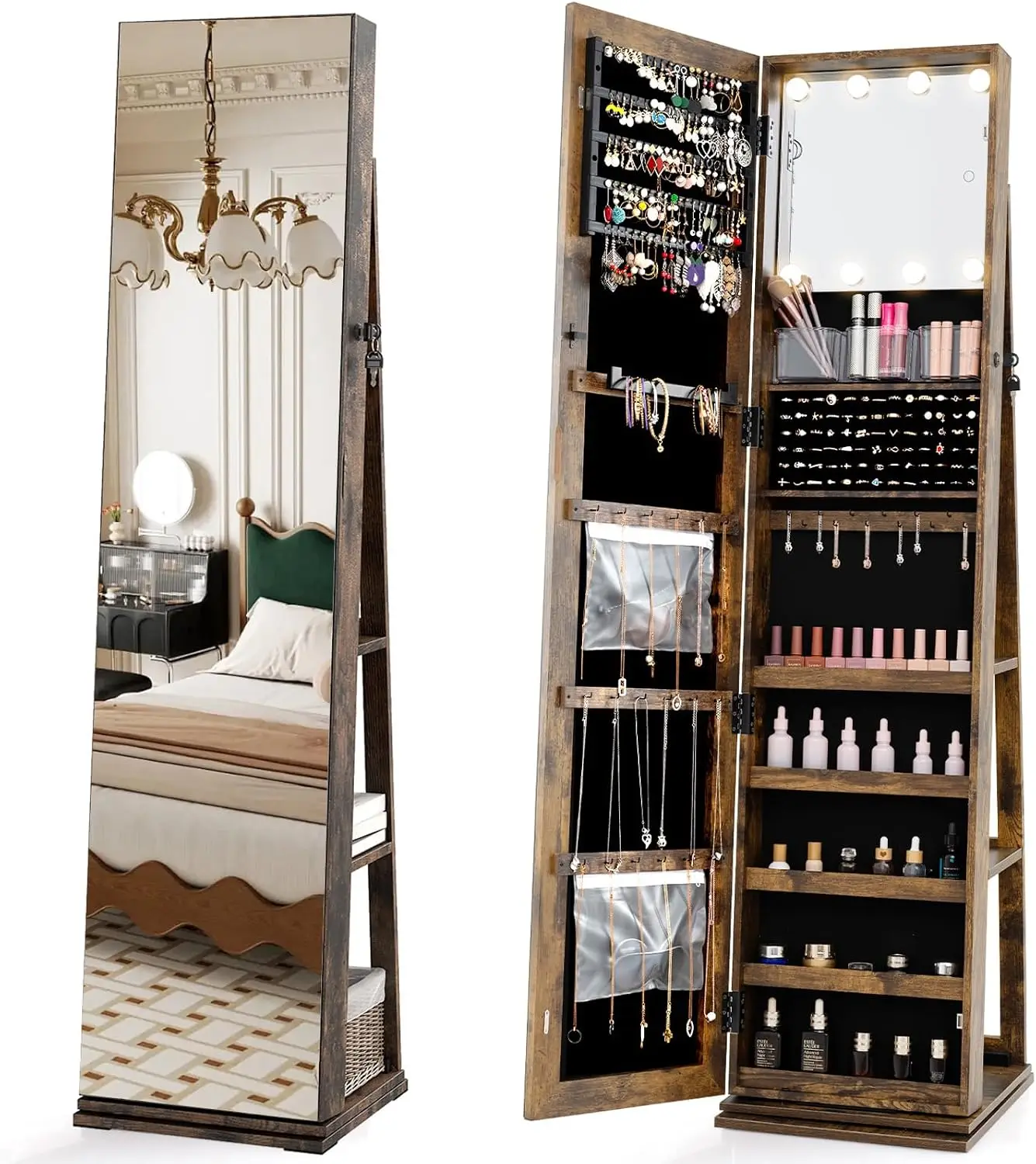 Swivel Jewelry Armoire Full Length Mirror Lighted Makeup Mirror 360 Rotating Cabinet Organizer Earrings Rings Necklaces Bracelet