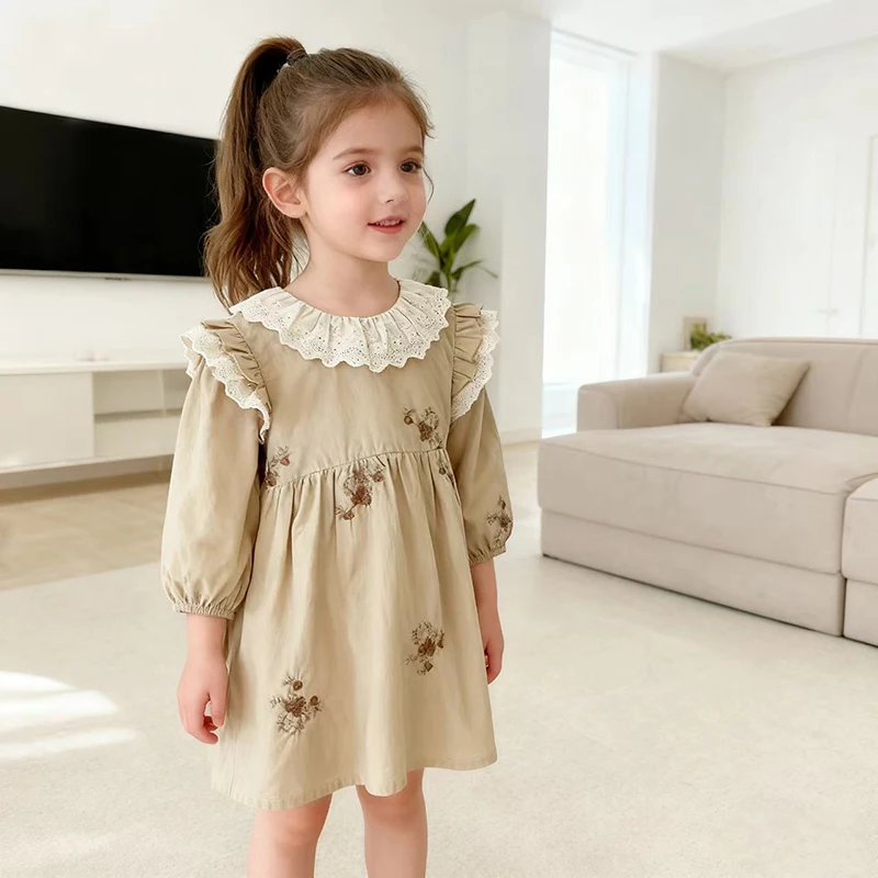 2025 Neues Herbst-Babykleid mit Langen Ärmeln Mädchen-Partykleid Frühling Spitze Baumwolle Schleife Baby-Mädchen-Strampler 2-6 Jahre Kinder-Prinzessinnenkleid