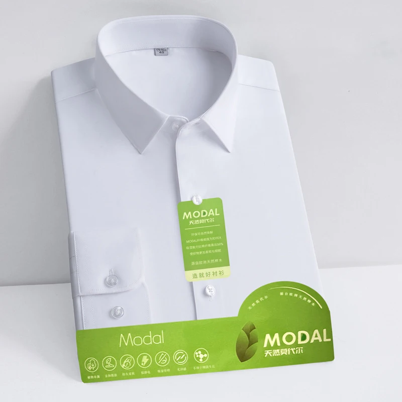 Modal Anti-Wrinkle Men Shirt Long Sleeves Dress Shirts For Men Slim Fit Camisa Social Business Blouse White Office Shirt S-5XL