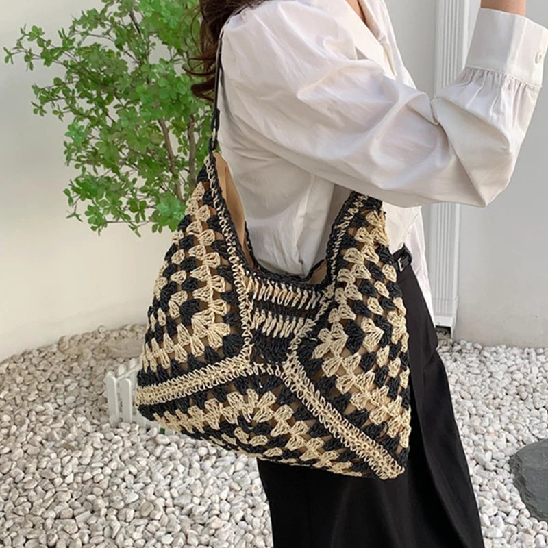 Weben Tragbare Umhängetasche Sommer Urlaub Paket Nische Web Hohl-out Stroh Gestrickte Unterarm Tasche Strand Shopper Totes