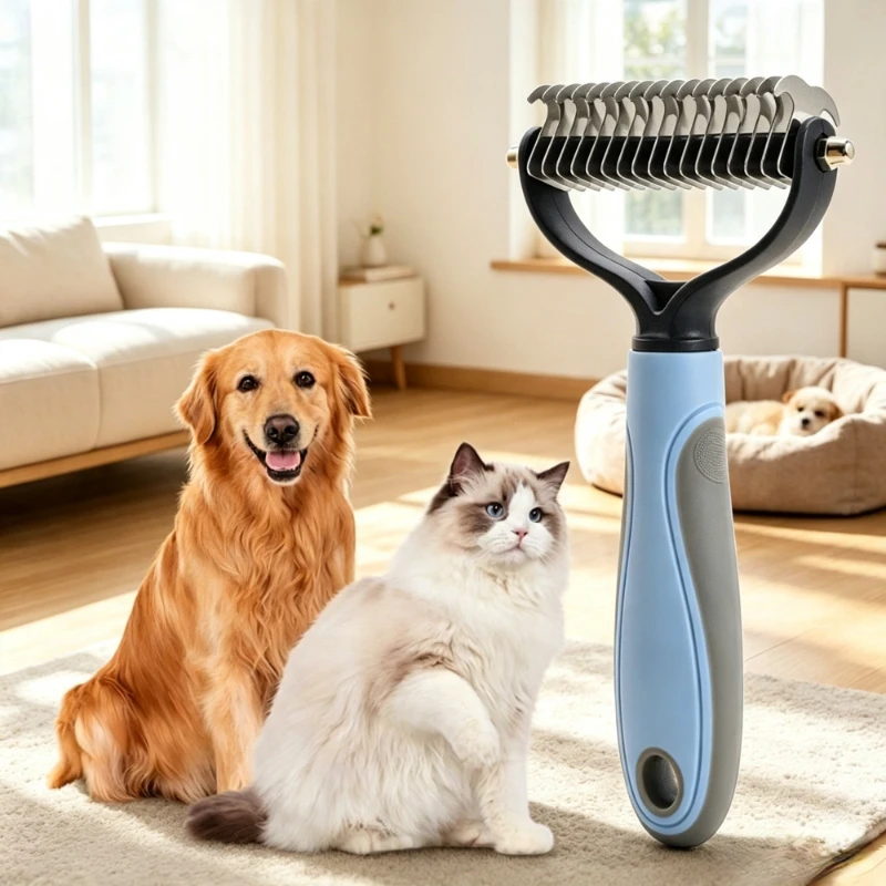 Pet Deshedding Brush Double Sided Pet Grooming Tool for Shedding and Dematting - Stainless Steel Dog Comb with Effective Results