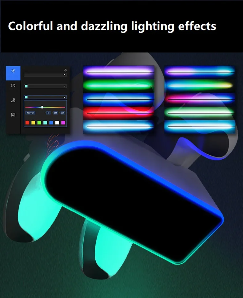 PS5 Gamepad charger with RGB color-changing light base featuring dual quick-charge contact points for dock charging