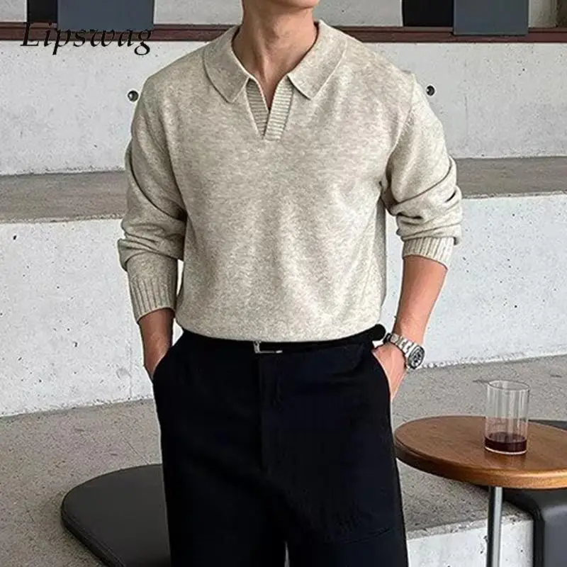 

Вязаные облегающие свитера поло, мужские осенне-зимние повседневные однотонные джемперы с отложным воротником, топы, мужская одежда, стильная рубашка поло
