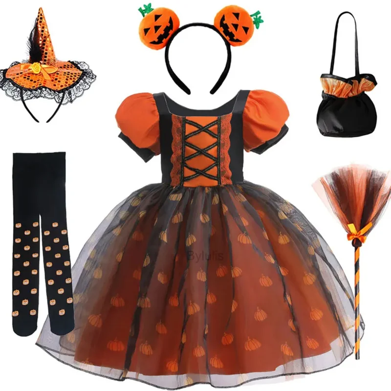 여자를위한 마녀 할로윈 의상 어린이 공주 버블 슬리브 호박 메쉬 카니발 파티 드레스 변장 무서운 코스프레 어린이