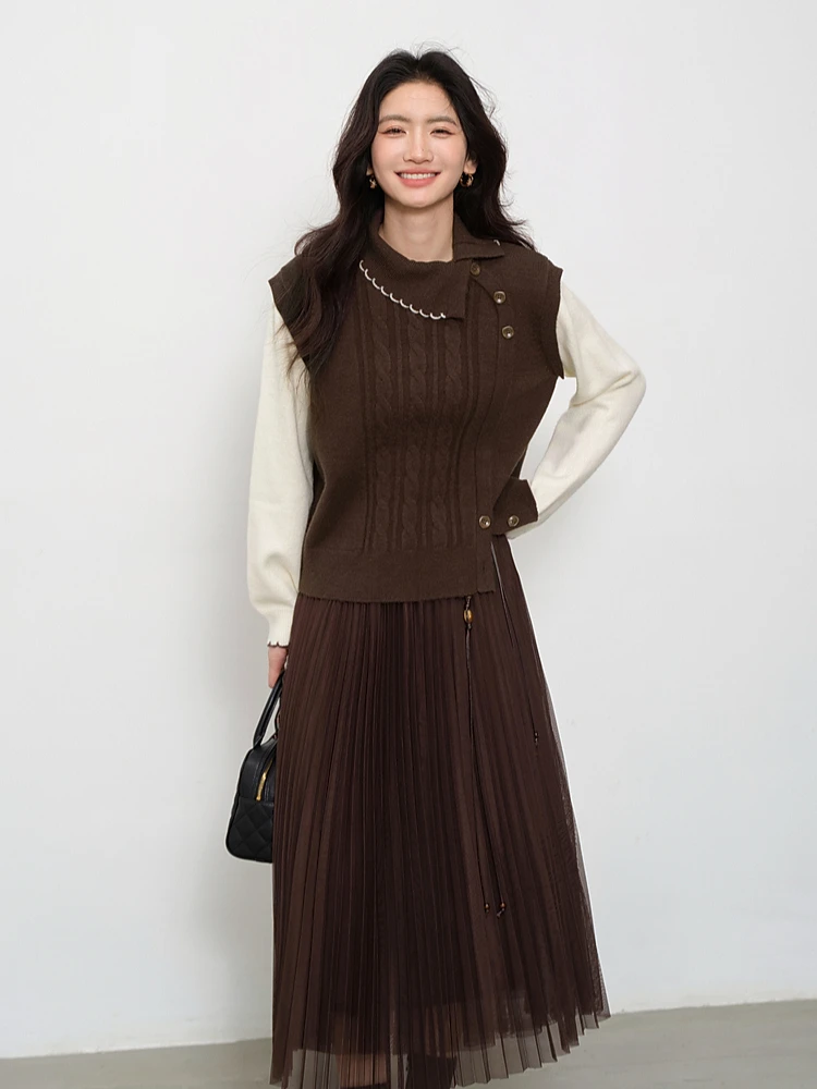 ALXNAN Braune Pullover für Damen, gefälschte zweiteilige Farbblock-Patchwork-Knopfpullover, atmungsaktiv, bequem, gestrickte Oberteile, L57733