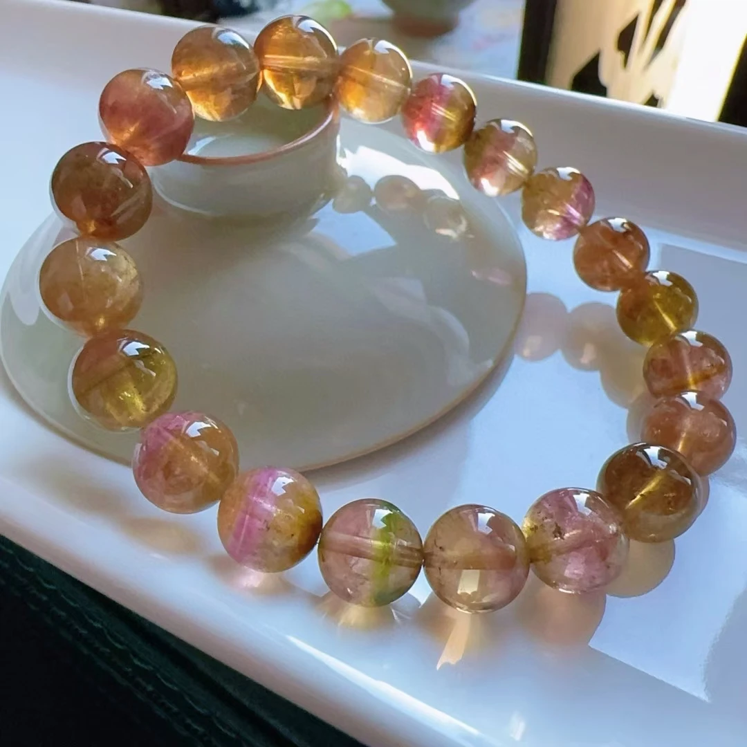 Natural Yellow Red Tourmaline Clear Round Beads Bracelet 9.8mm Brazil  Watermelon Tourmaline Women Men AAAAAAA