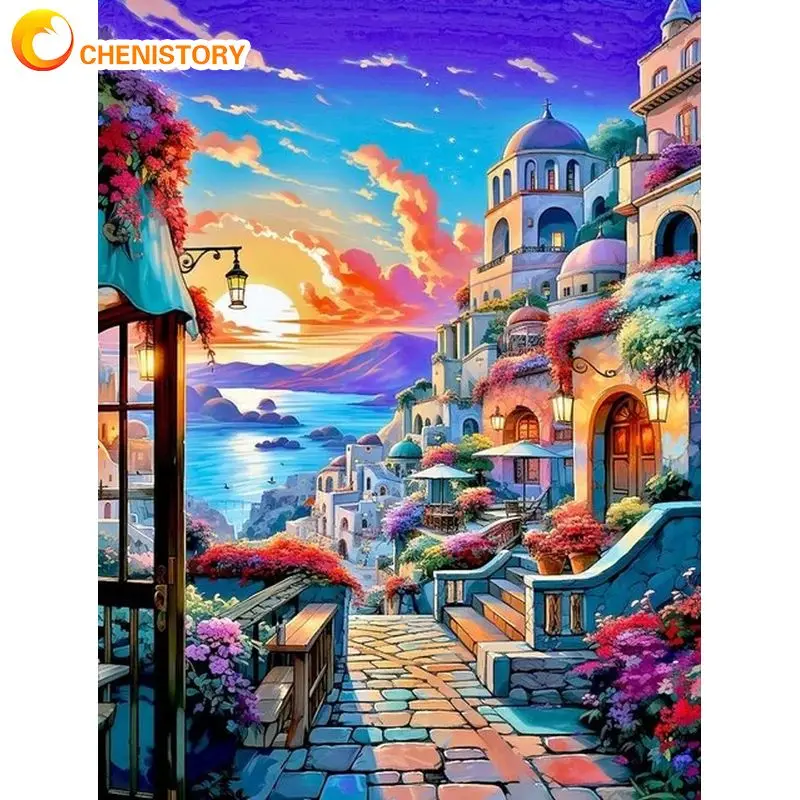 

CHENISTORY Painting By Number Town Scenery For Adults DIY 40x50cm Frame Picture By Numbers Paint On Canvas Home Decoration