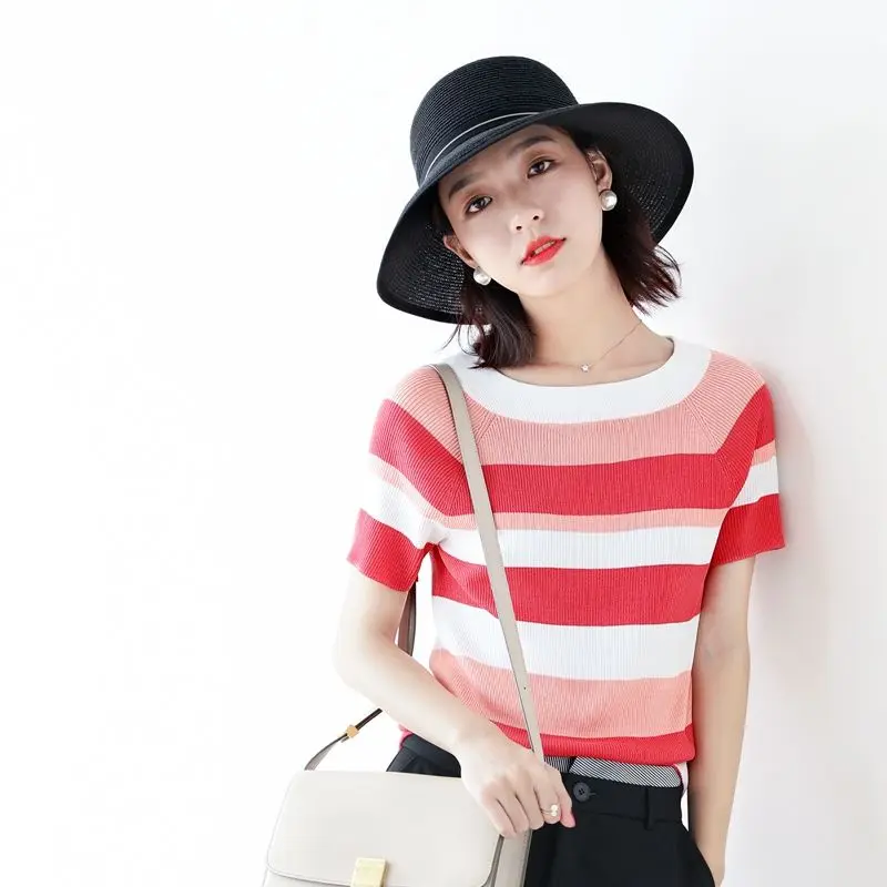 Fashion Women Casual Striped T-shirt Spring Summer Korean New Short Sleeve O-Neck All-match Pullover Loose Thin Knitted Top 2023